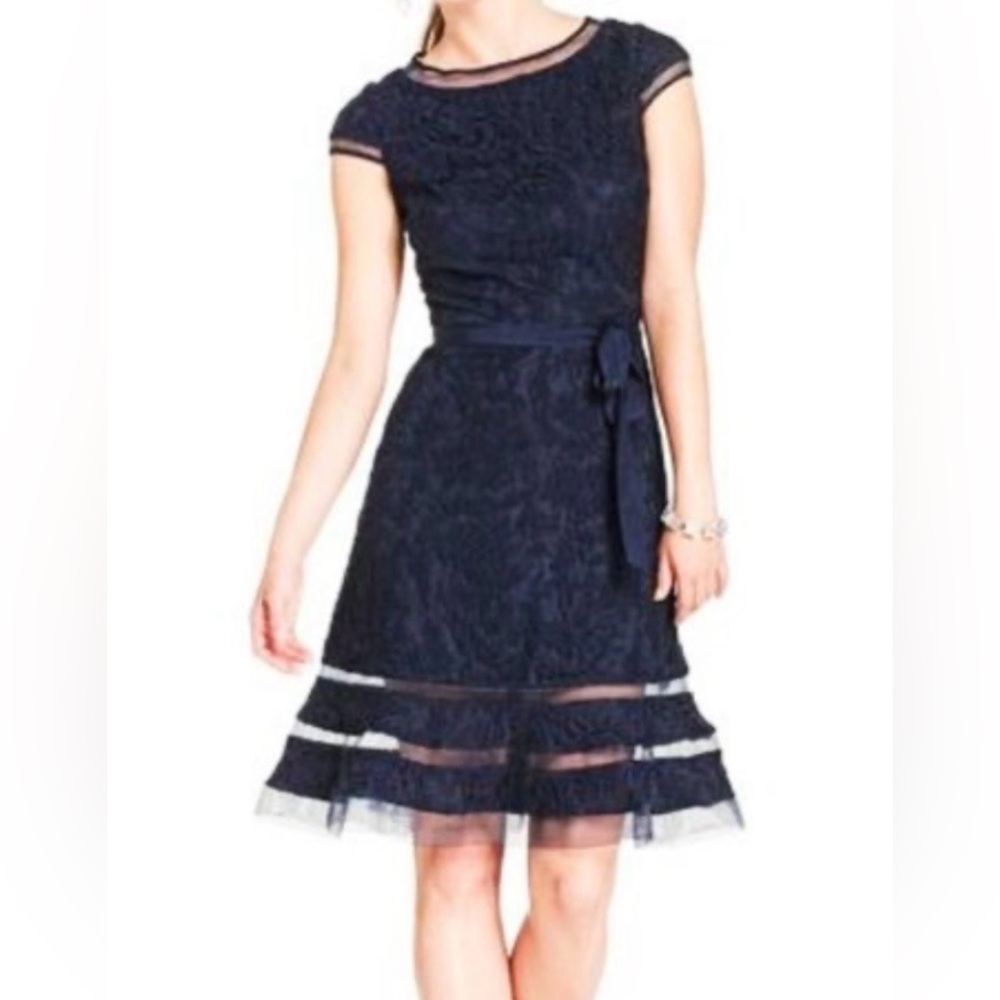 Adrianna papell Navy Blue Cap Sleeve Lace Dress W Ribbon Belt Trumpet Hem SKU443
